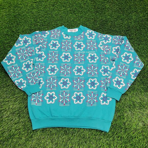 Vintage Snowflakes AOP Sweatshirt Womens XL 22x26 Blue - Picture 1 of 11